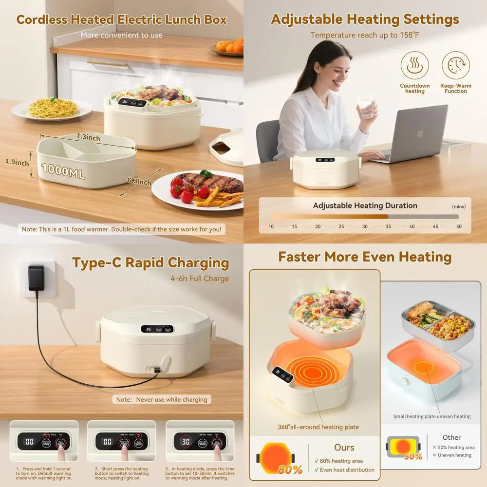 

Портативный беспроводной электрический ланч-бокс емкостью 1 л с аккумулятором емкостью 16000 мАч, быстрый нагрев, лоток с 3 отделениями для автомобиля, грузовика, офиса, кемпинга