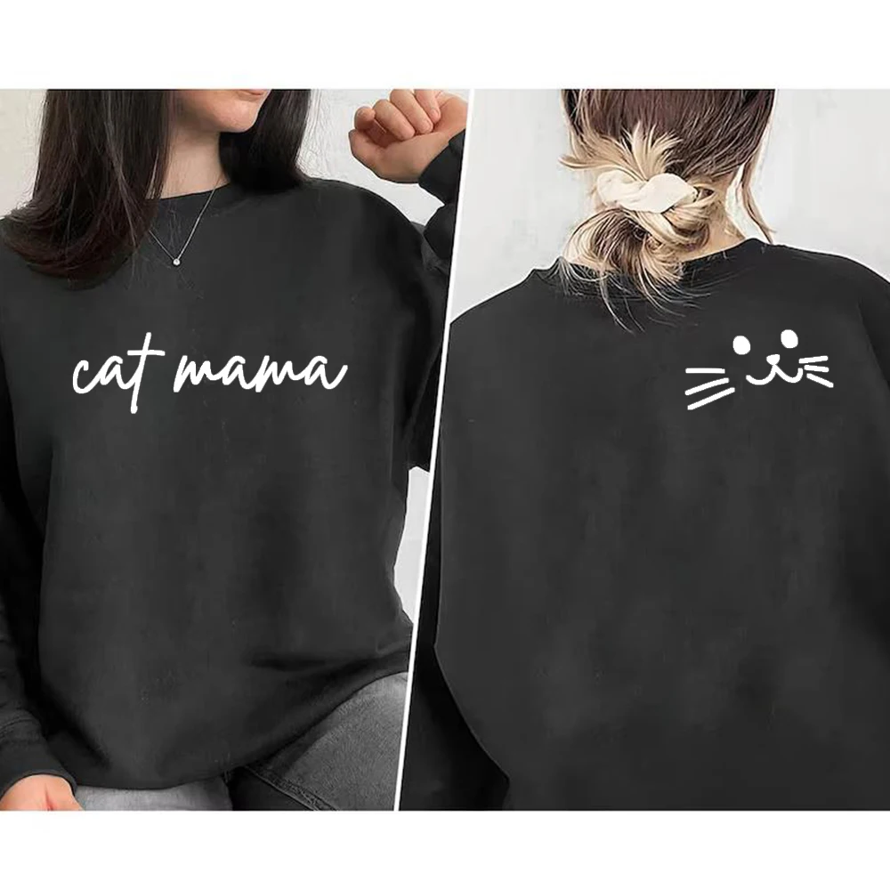 Women Cat Mama Sweatshirt Cat Lover Pullover Funny Front and Back Print Sweater Cat Mom Crewneck Sweatshirt  Mother\'s Day Gift