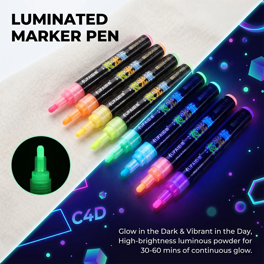 8 Colors Luminous Markers Set Art Graffiti DIY Crafts Fabric Canvas Artistic Work Non-Toxic Dark Pen Home School Art Supplies