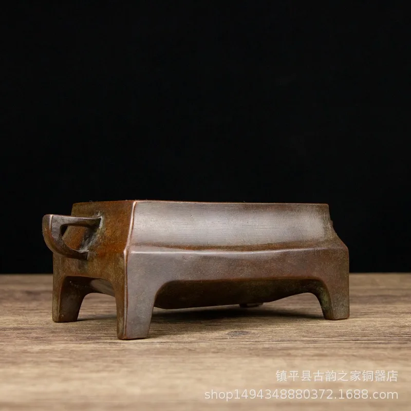 Pure Antique Double-Ear Four-Legged Long Copper Incense Burner Ornament for Office Living Room Shop Desktop Decoration