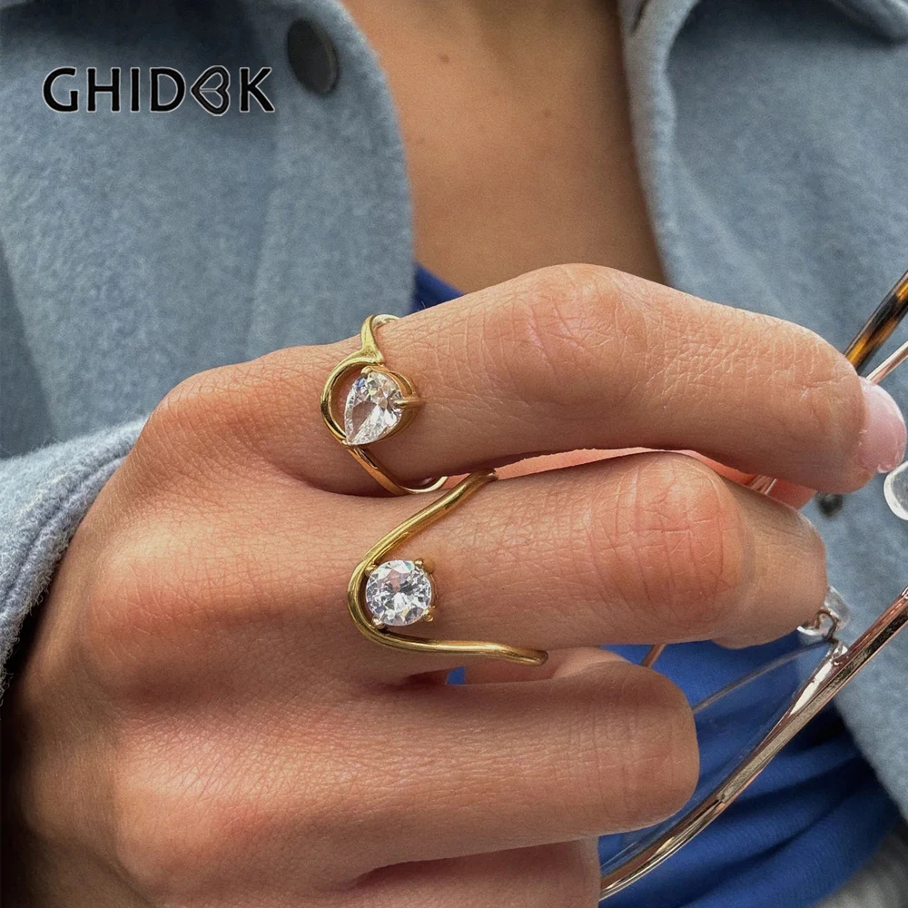 GHIDBK 2 Unique Designs Water Drop Circular Zircon Rings Stainless Steel Gold Plated Finger Jewelry Trendy Women Accessories