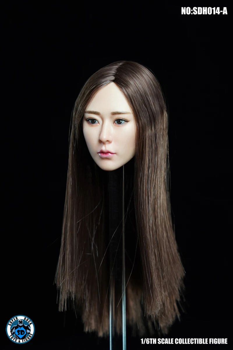 In Stock SUPER DUCK SDH014 1/6 Scale Asian Beauty Girl Head Carved Model with Long Plant Hair for 12'' Pale Seamless Body