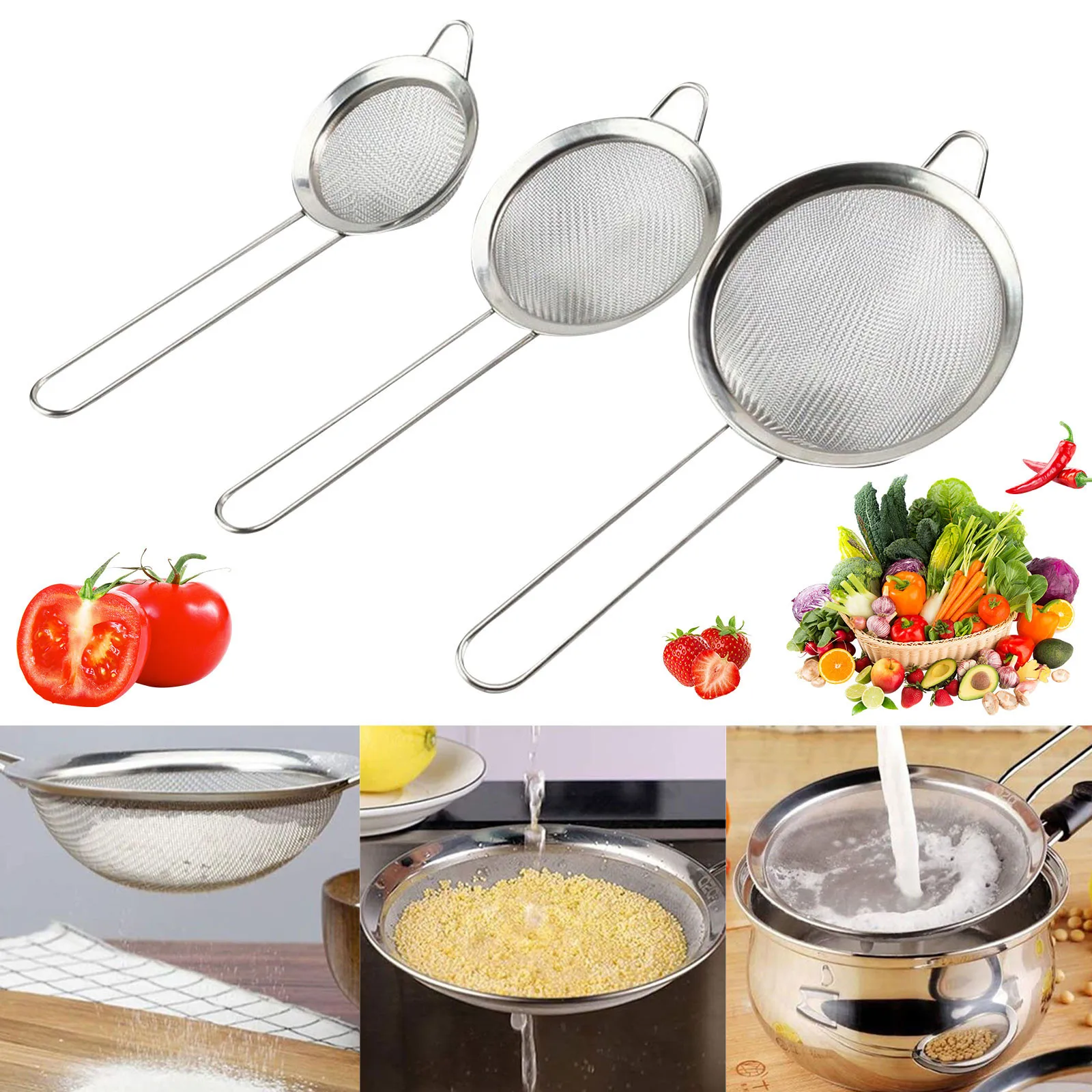 3pcs Stainless Steel Wire Fine Mesh Oil Strainers Flour Colander Sieve Sifter Filter Baking Kitchen Accessories