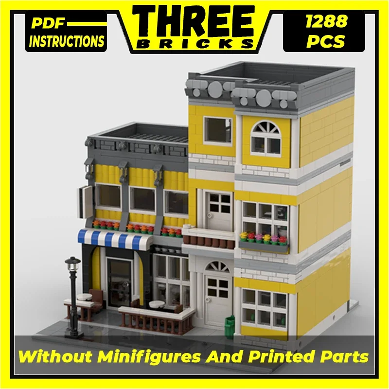 MOC-Blocos de Construção Modulares para Crianças, Tijolos Técnicos Moc, Modelo Street View, Street Cafe, Brinquedos DIY, Conjuntos de Presentes, Montagem