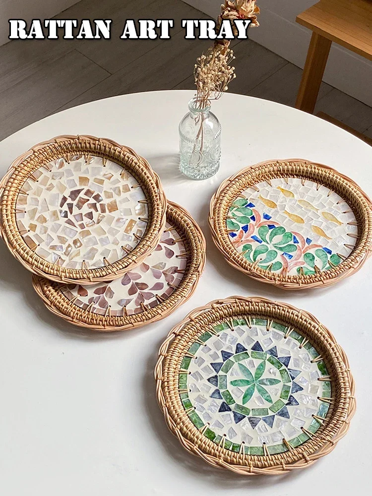 AhunderJiaz Rattan Round Shell Colorful Storage Tray Tabletop Display Tray Handmade Artwork Home Decoration