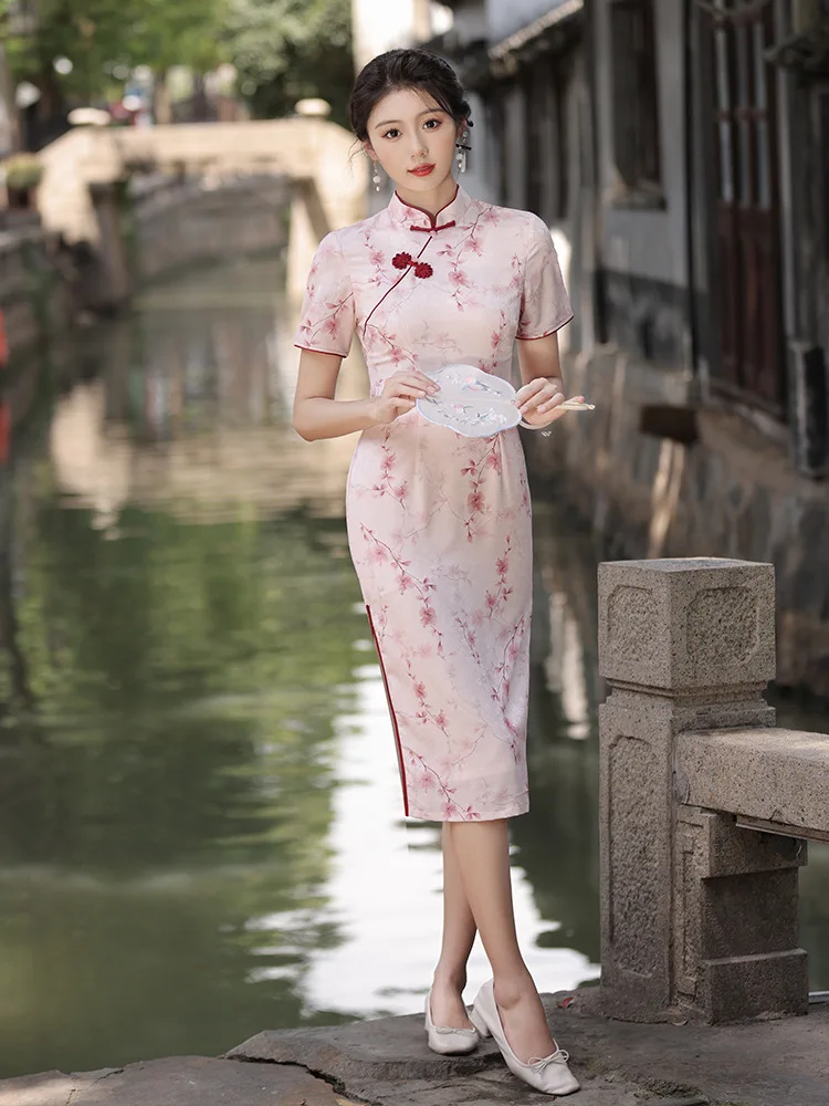 

FZSLCYIYI Chinese Traditional Hanfu Floral Printed Satin Mid-Length Cheongsam Short Sleeve Women Qipao Tang Suit Evening Dresse