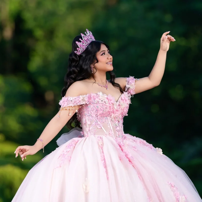 

Pink Quinceanera Dress off-shoulder Glitter 3D flower Decal beads Lace Long tail Bow Vestidos De 15 Quinceanera ﻿Customize