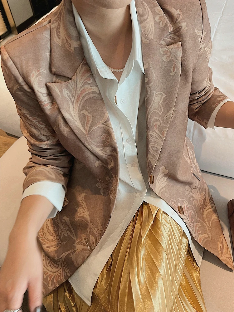 

Ретро-костюм свободного кроя для женщин: пиджак с длинными рукавами и цветочным узором для делового и повседневного стиля