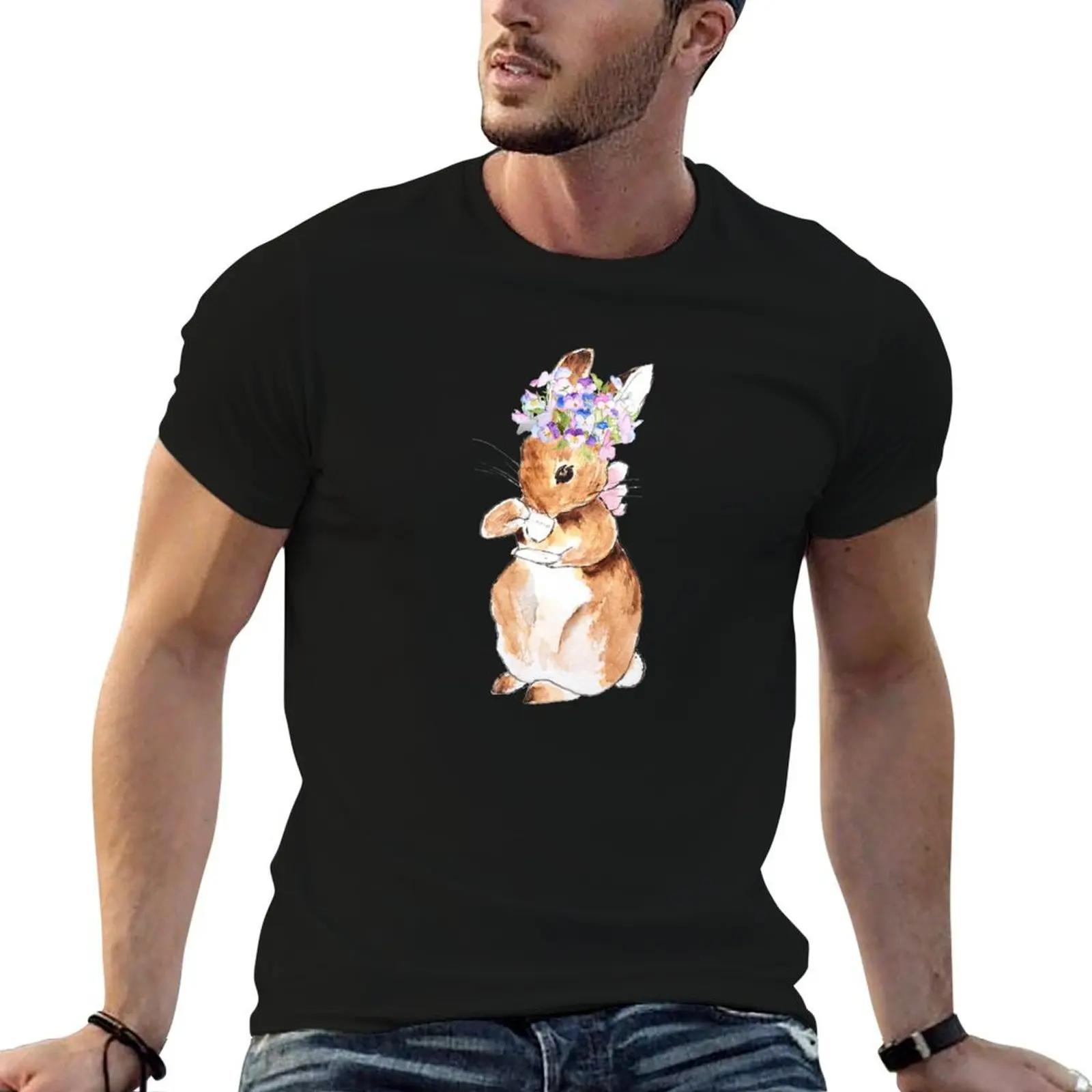 

cute rabbit drinking tea T-Shirt t shirt man luxury cotton tshirt 100% T-Shirt