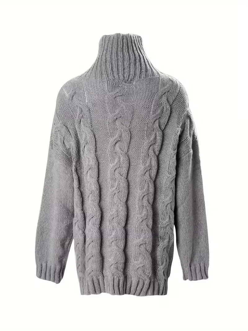 سترة نسائية مريحة باللون الرمادي - مقاس فضفاض، حاشية غير متماثلة، أكمام ثلاثة أرباع، رقبة عالية، مثالية لخريف/شتاء، كاجوال #2