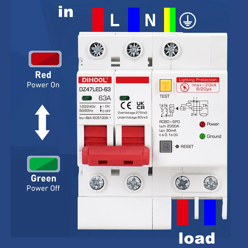 DZ47LED RCBO con protezione contro i fulmini SPD interruttore differenziale perdita di terra 10A 16A 32A 40A 63A