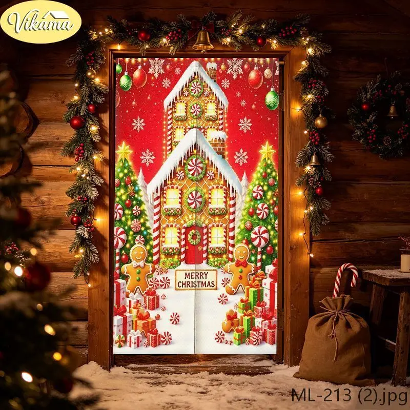 VIKAMA Gingerbread House Christmas Half Curtain Gingerbread Man Print Fabric Curtain Privacy Divider Festive Cozy Home Decor