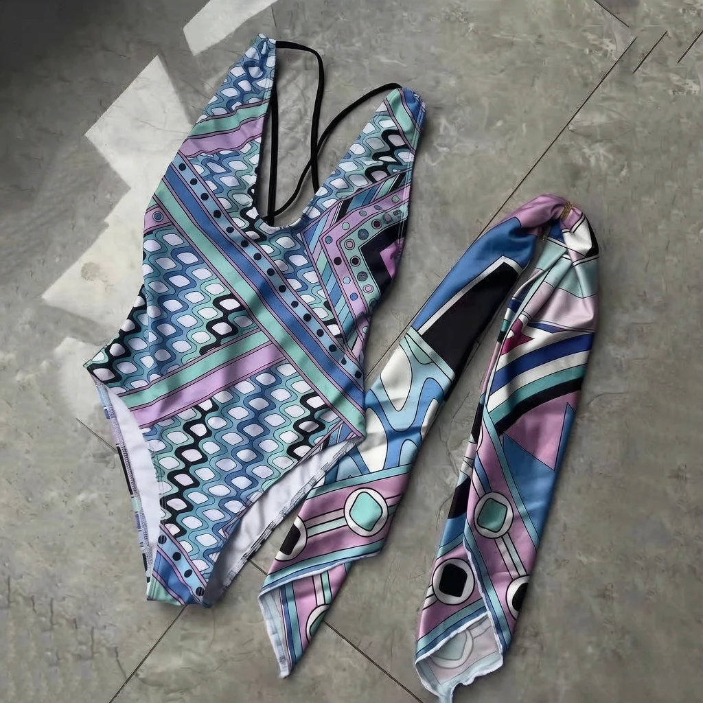 2026 Luxury Design Women's Blue Scarf Swimsuits with Letter Signature Logo Designer Brand Lady Scarf Bikini Sets Beachwear