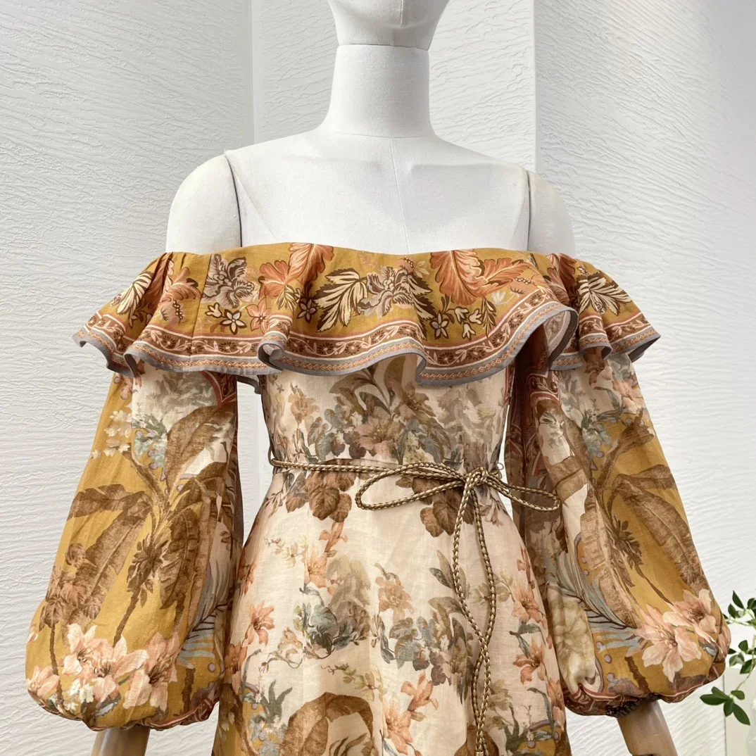 2025 New Fashion Multi Color Floral Print Off The Shoulder Long Sleeve Ruffles Midi Dress