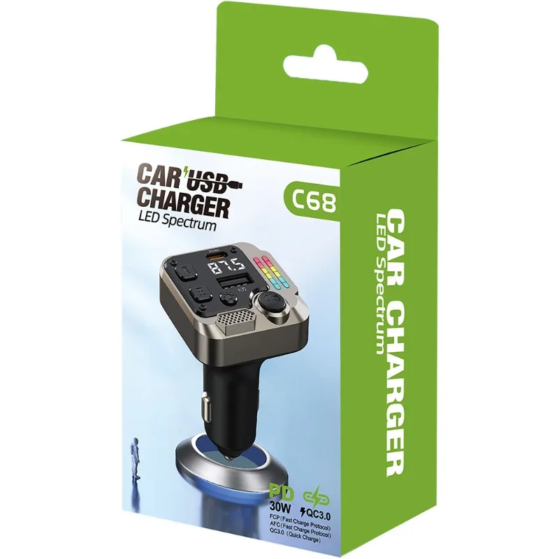 C68 Car FM Transmitter Bluetooth 5.3 MP3 U Disk Music Player Wireless Handsfree Car Kit PD 30W Fast Charging Adapter