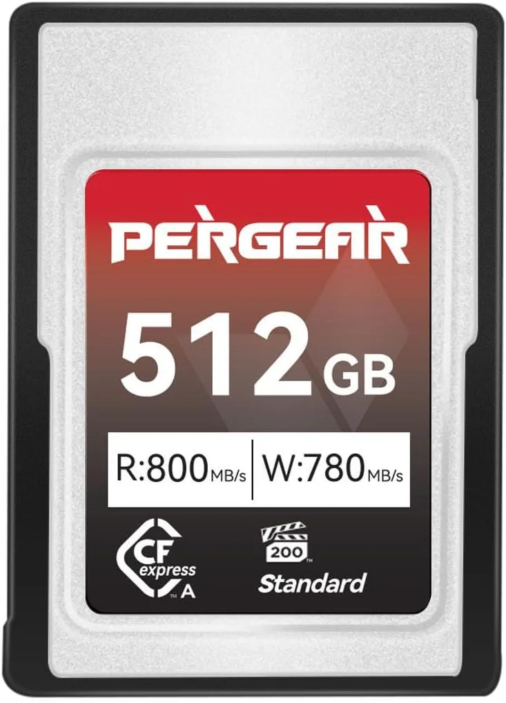 Pergear 256 GB, 512 GB, 1 TB CFexpress Type A-geheugenkaart voor Sony Alpha- en Sony FX-camera's, met een leessnelheid van 900 MB/s en een schrijfsnelheid van 800 MB/s.