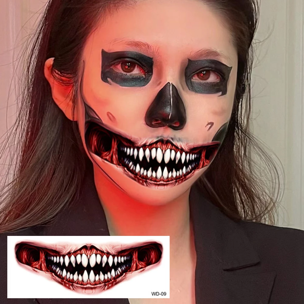 50pcs New Halloween Horror Big Mouth Face Tattoo Funny Diy Stickers Party Scary Temporary Tattoo Waterproof Tattoo for Men Women