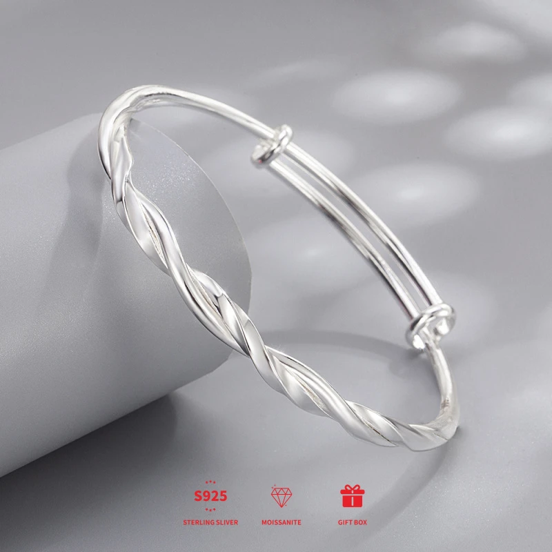OUYADI 925 Sterling Silver Twist Bangle For Women, Adjustable Slide Pull Design Silver Bracelet Fine Jewelry Gift