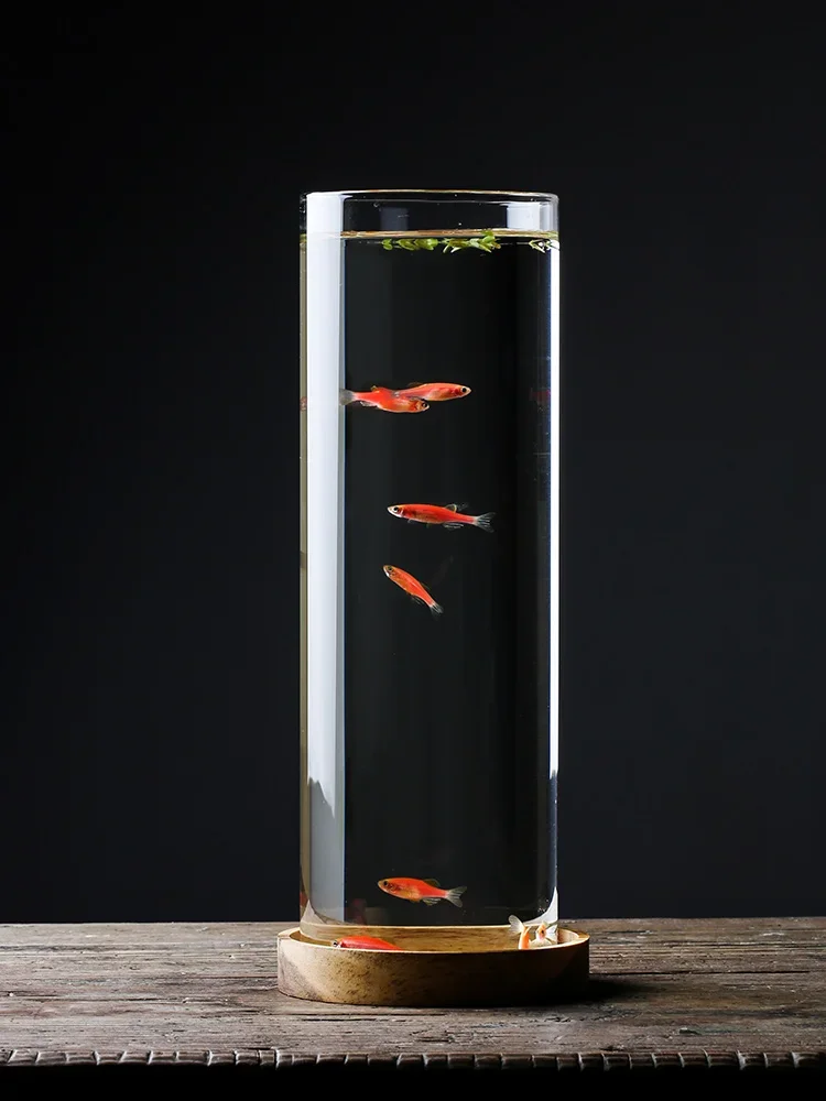 2L Micro Landscape Teahouse Tabletop Fish Tank Viewing Cylindrical Household Mini Miniature Glass Fish Tank