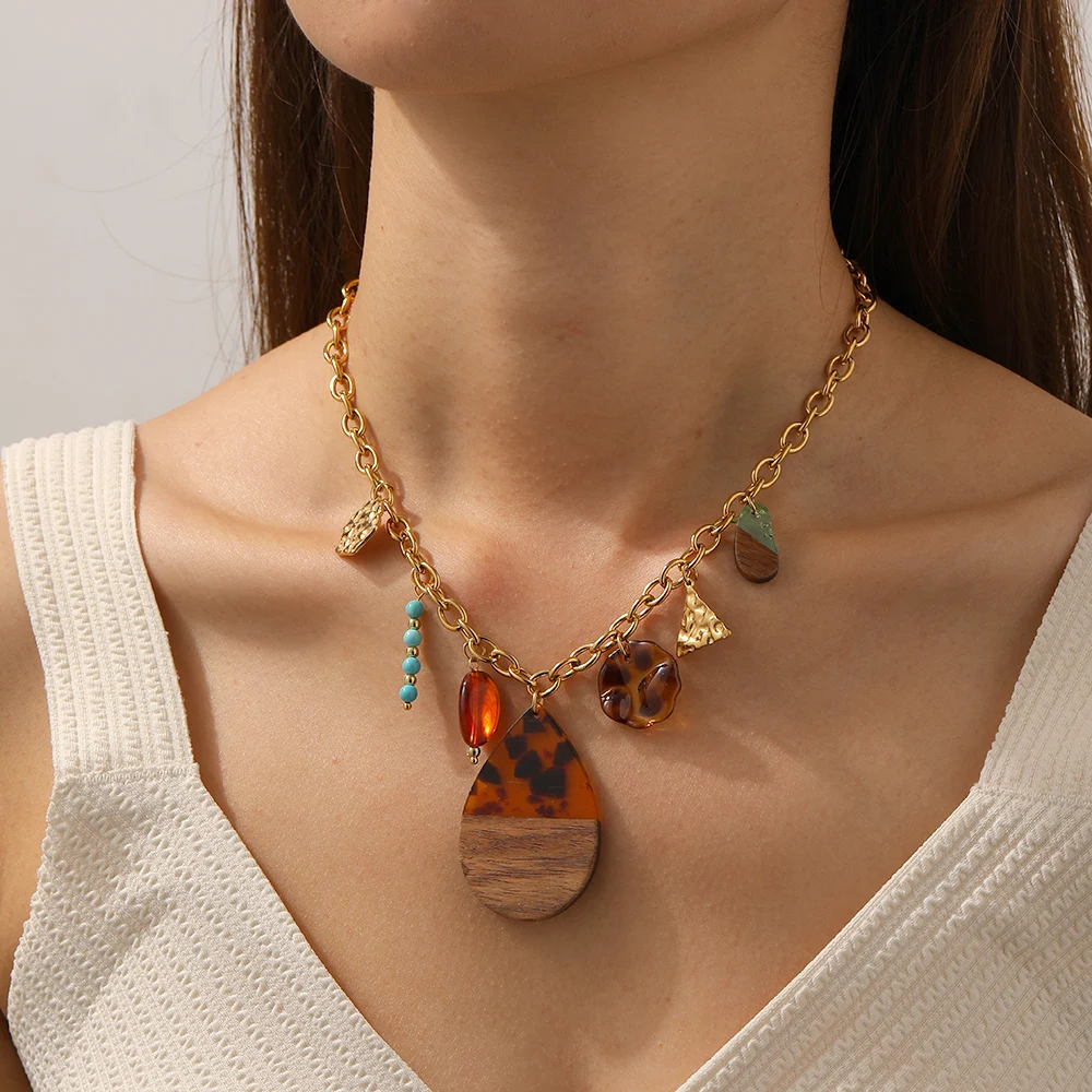 LAMENGLY 316L الفولاذ المقاوم للصدأ العرقية نمط العنبر الاكريليك الخشب الربط قطرة الماء قلادة قلادة سيدة رواية الاتجاه مجوهرات #2