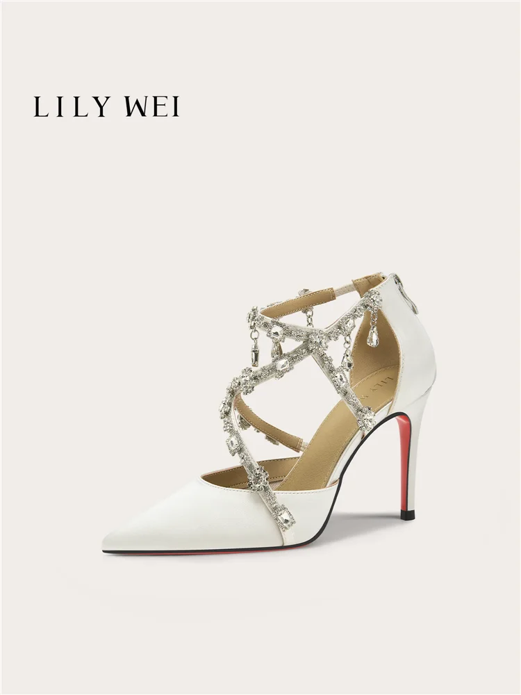 

Summer New Pointed Silk Water Diamond Chain with Wedding Shoes Banquet Large Size Small Size Widening High Heel Women's Sandals