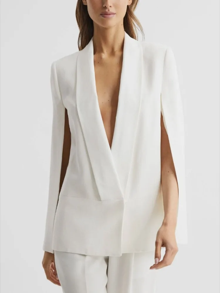 

Yeezzi Women's White Deep V-Neck Cape Style Blazers 2025 New Autumn Elegant Formal Business Office Suit Jacket Outerwears