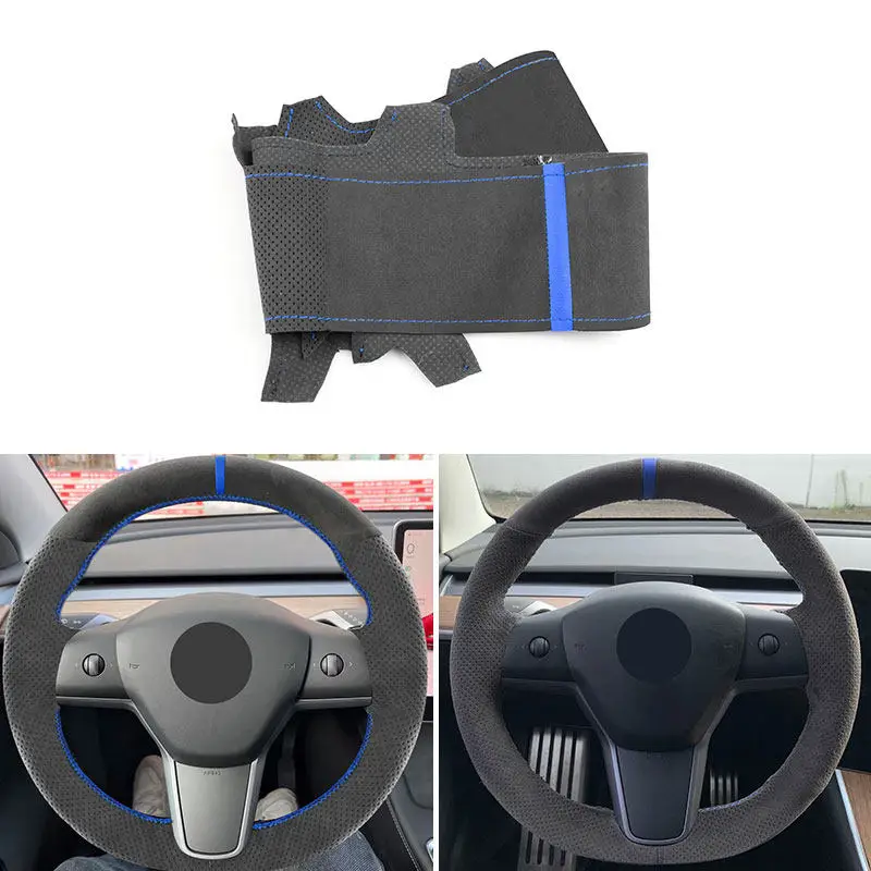 Suede Leather Car Styling Interior Steering Wheel Cover Trim For Tesla Model 3 Model Y 19-21 Black-blue line with blue strip