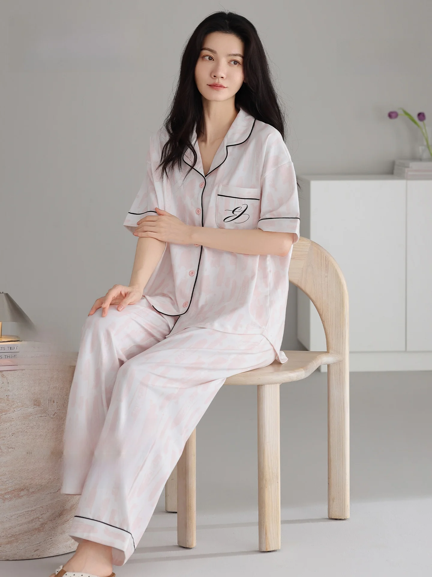 Ladies' Ultra-Soft Lyocell Sleepwear Set Short Sleeve Long Pants Cool Feeling Turn-down Collar Home Clothes Summer Outfit