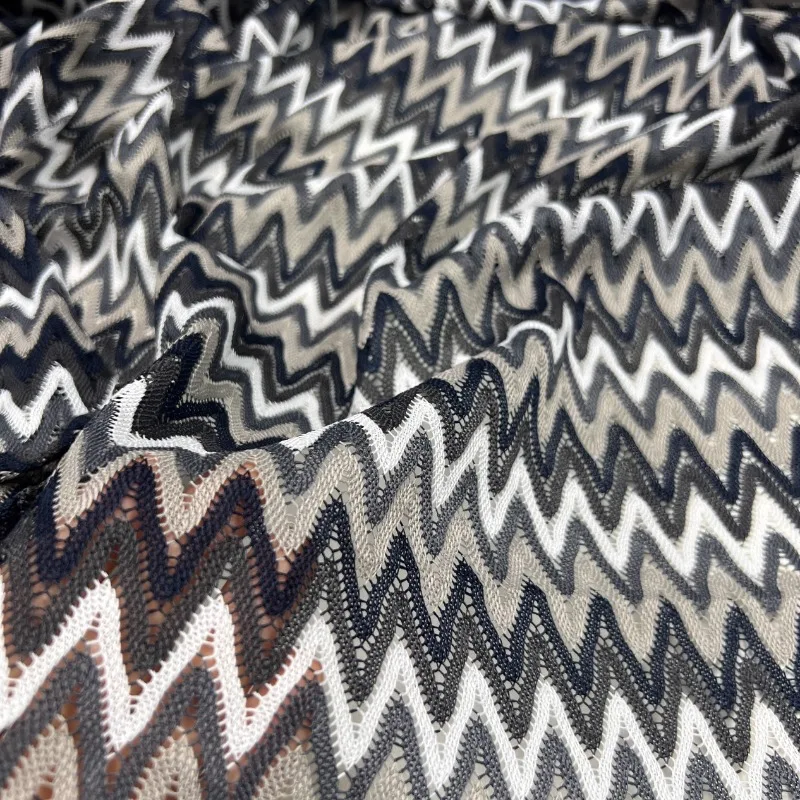 

Wave Black White Gradient Lace Knitted Fabric for Summer Men Women Blouse Dress Jacket Soft Stretch Fashion Clothing Fabric