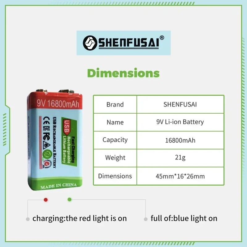 2024 Opgewaardeerde 9V 16800Mah Lithium Ion Oplaadbare Batterij Mini Usb Batterij Rookmelder 9V Lithium Gitaar Multimeter