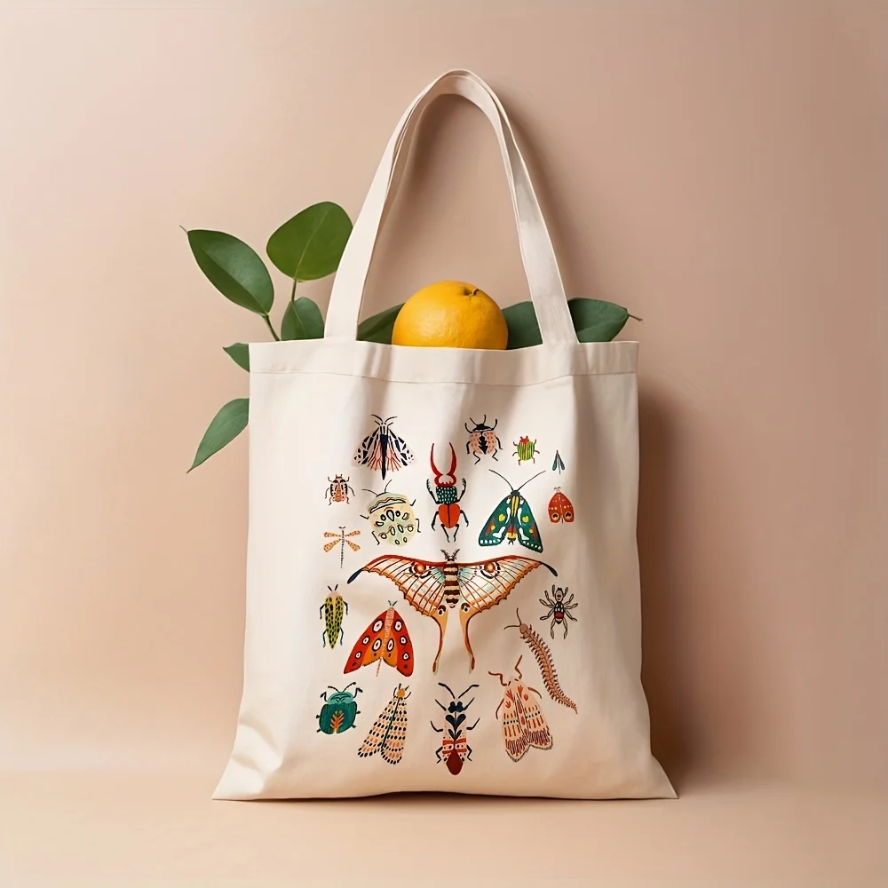 

Красочная холщовая сумка-тоут с принтом насекомых, подходит для ежедневного использования, походов за покупками, посещения школы и путешествий.
