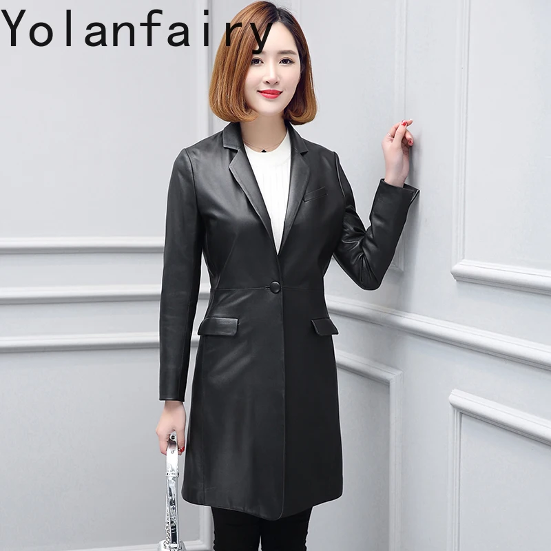 YOLANFAIRY Real Sheepskin Leather Trench Coat Women Spring Autumn Mid-length Genuine Leather Jacket Woman Suit Collar Slim Coats