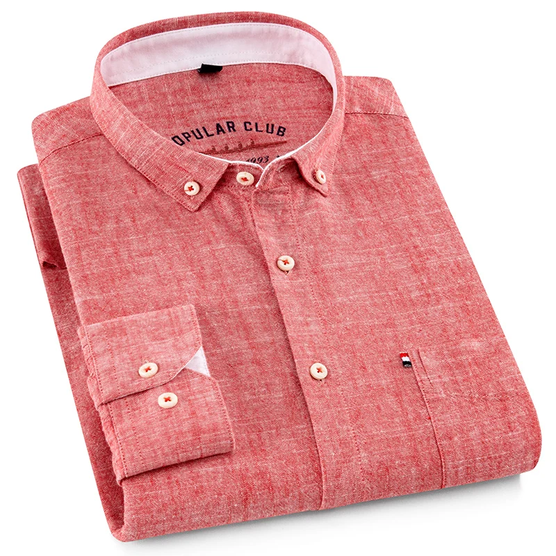 Herren-Hemd mit festem Button-Down-Kragen – atmungsaktive Baumwoll-Leinen-Mischung – lange Ärmel, schmale Passform – Frühling, Sommer, lässig, schick