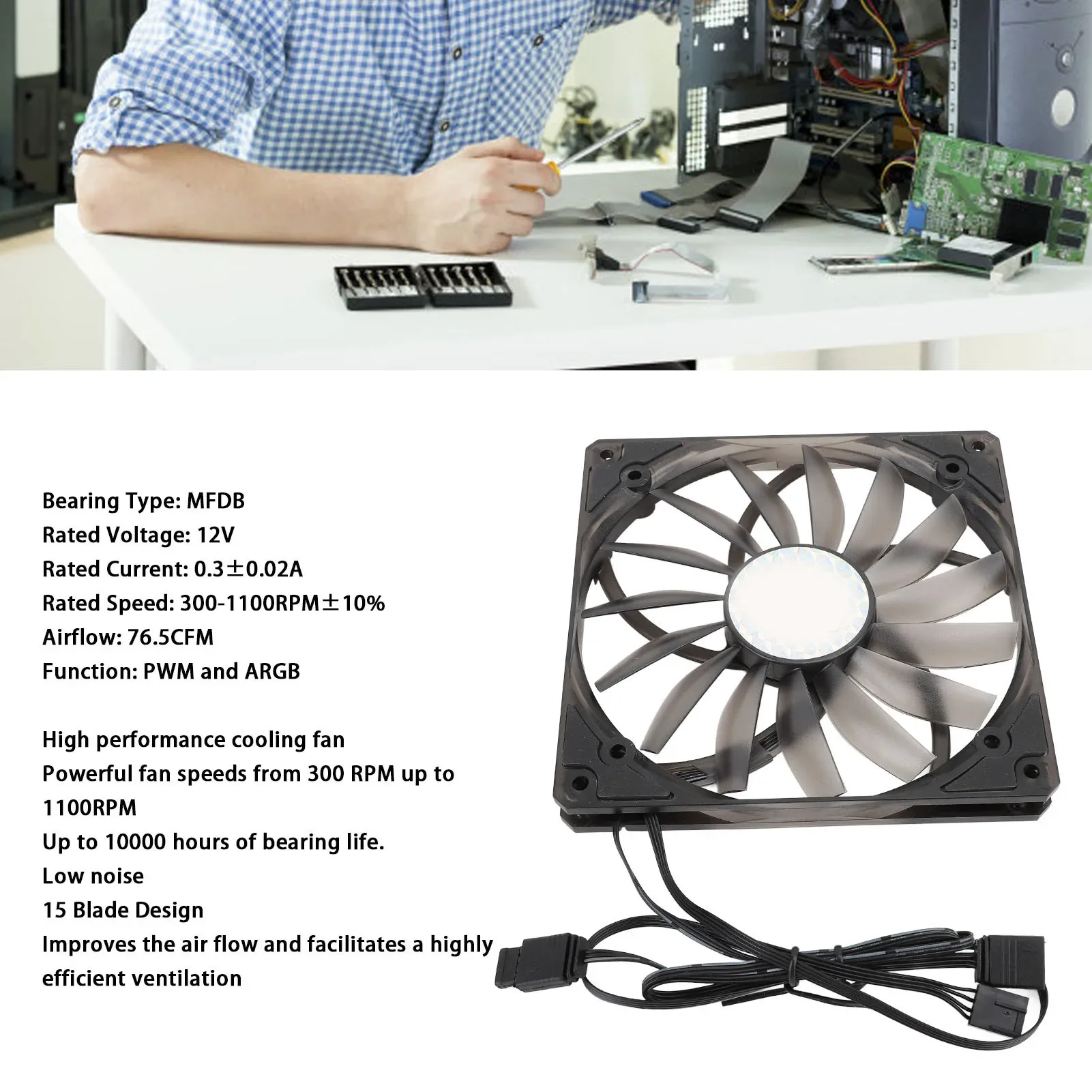 

Вентилятор ARGB PWM 140 мм, ультратонкий, скорость 300-1100 об/мин, 76.5 CFM, гидравлический подшипник, бесшумный, для корпуса компьютера, 15 лопастей, ABS, для офиса