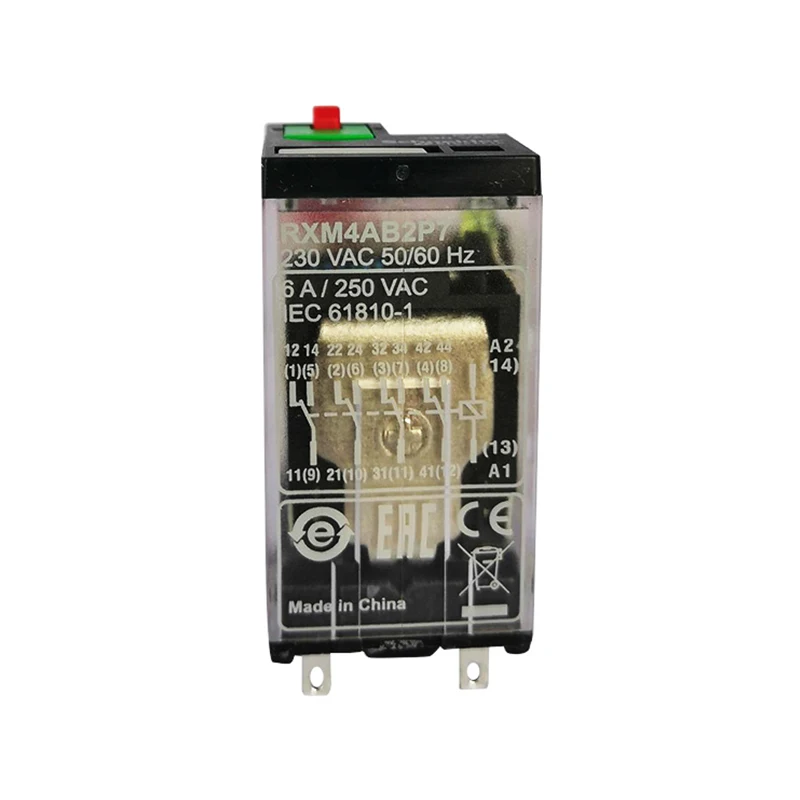 RXM4AB2P7 miniature plug in relay, Harmony Electromechanical Relays, 6A, 4CO, with LED, lockable test but to n, 230V AC
