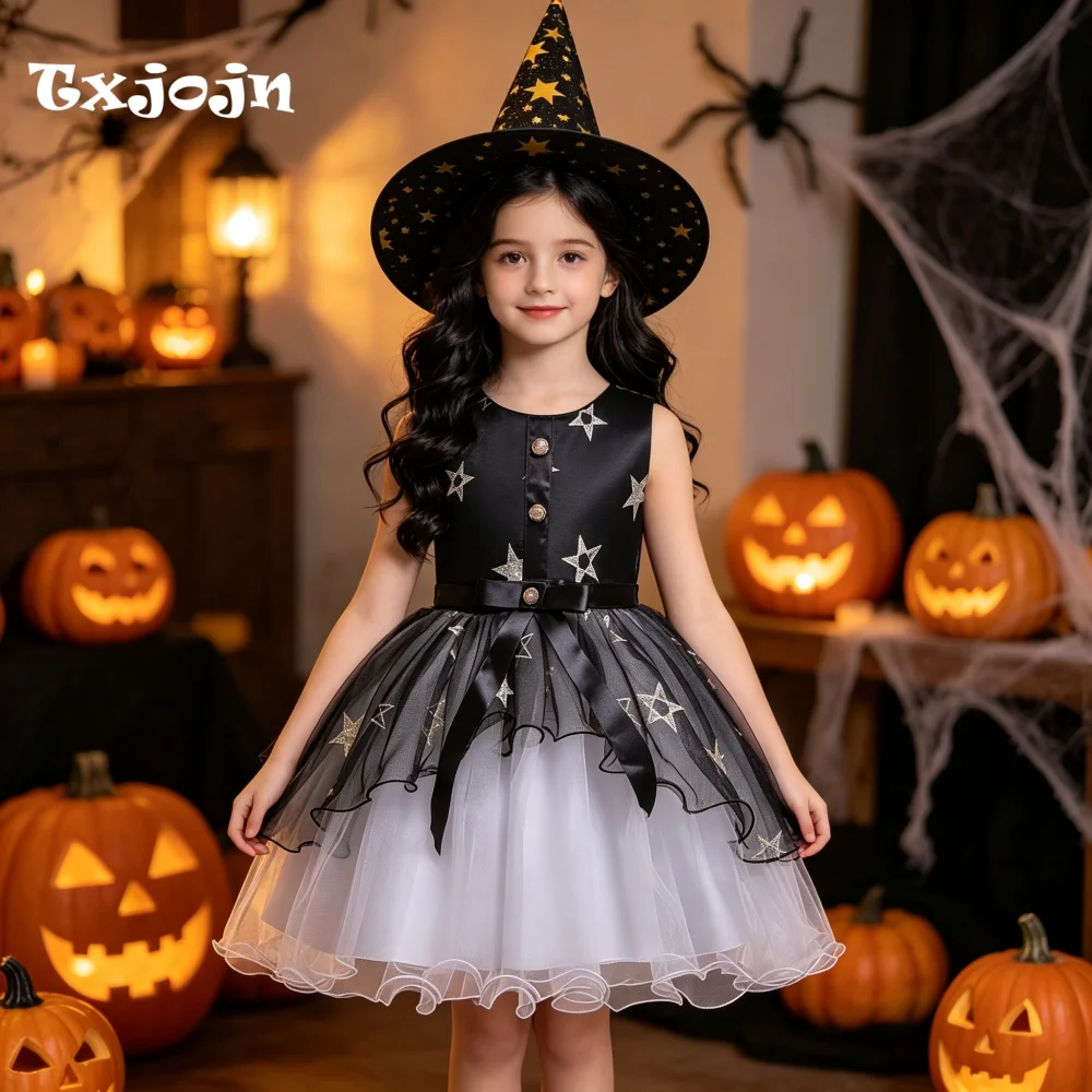 Halloween Girl's Dress with Free Hat 3-14 Years Old Girl's Layered Fluffy Dress Sleeveless Bow Mesh Dress Performance Dress