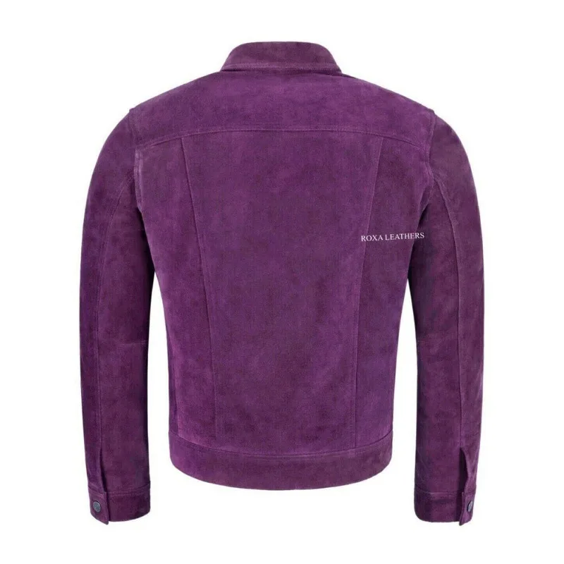 Men's New Pure Authentic Suede Leather Shirt Purple Button Front Trucker Jacket