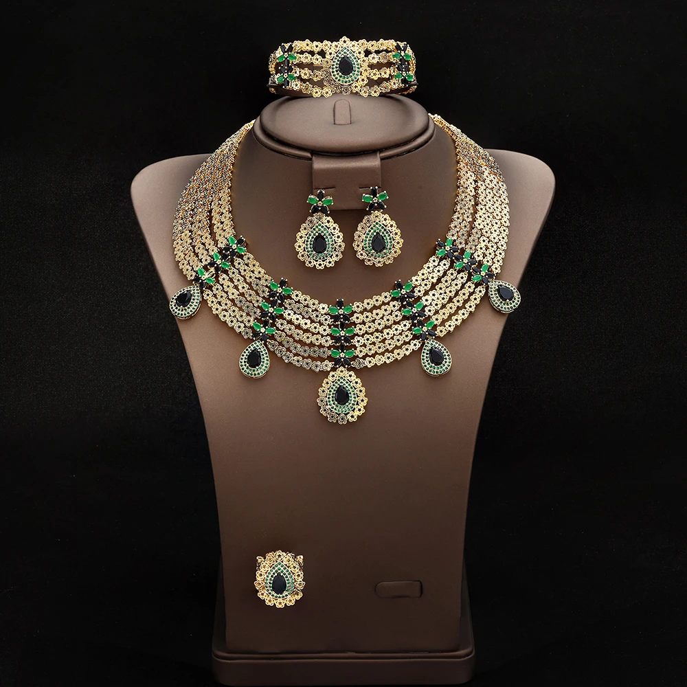 HIBRIDE 2025 High Quality Luxury Green Necklace Earrings Bracelet Womens Dress Decorative Jewelry Wedding Holiday Gift S-1064
