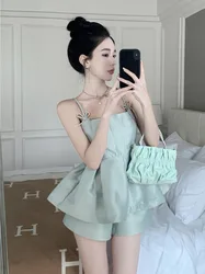 Korean Fashion Age Reducing Loose Fitting Suspender Top for Women's Summer New High Waisted Shorts Two-piece Set Female Clothing