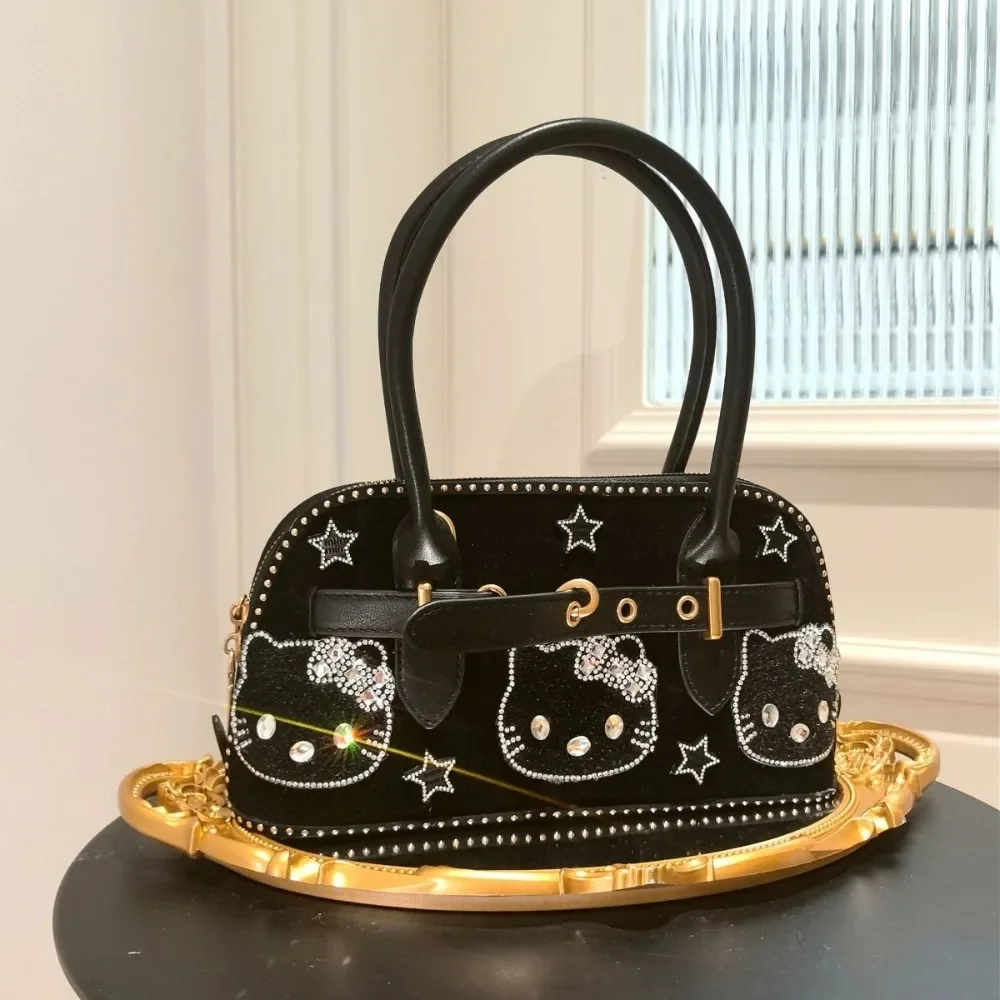 Y2k Hello Kitty Handbag with Diamond Encrusted Shell Decoration Harajuku Retro Diagonal Cross Bag Girl Anime Zipper Shoulder Bag