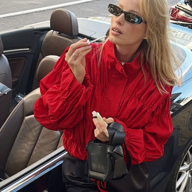 

A New Cross-border Autumn and Winter Collection Featuring Design with Pleated Stand-up Collar Loose Fashionable Red Women's Top