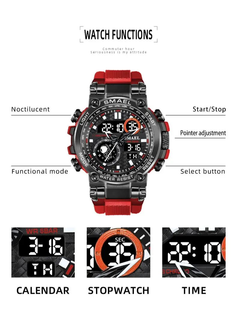 SMAEL 8093 Sport Watch Waterproof 5Bar Dual Time Men\'s Watches Shock Resistant Alarm Clock Men Wristwatches