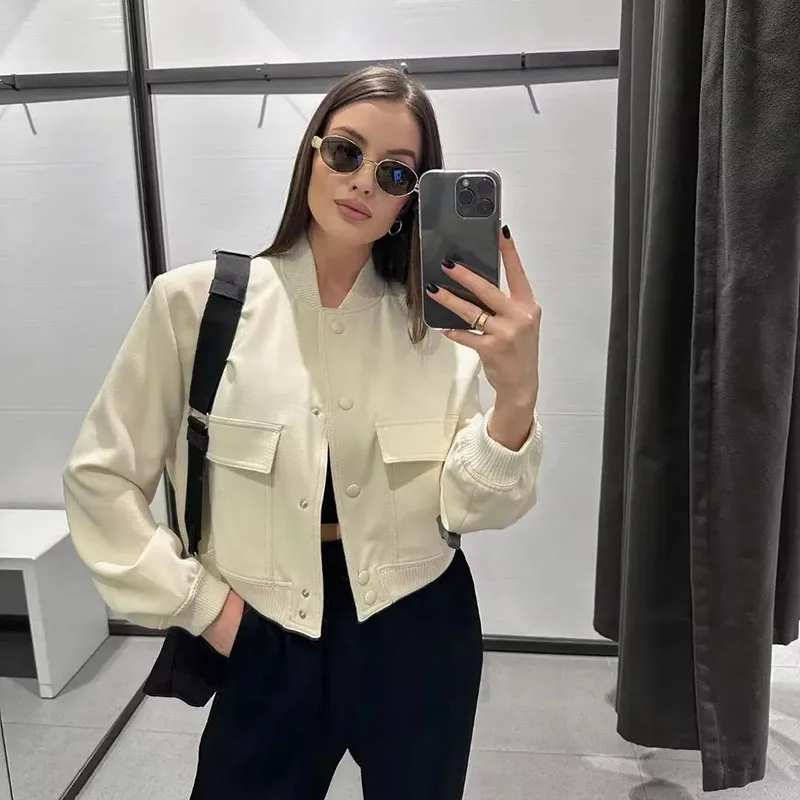 

Hdspq Woman Fashion Bomber Jacket Women 2023 Autumn Winter Long Sleeve Coats Solid Color Big Pocket Jacket Female