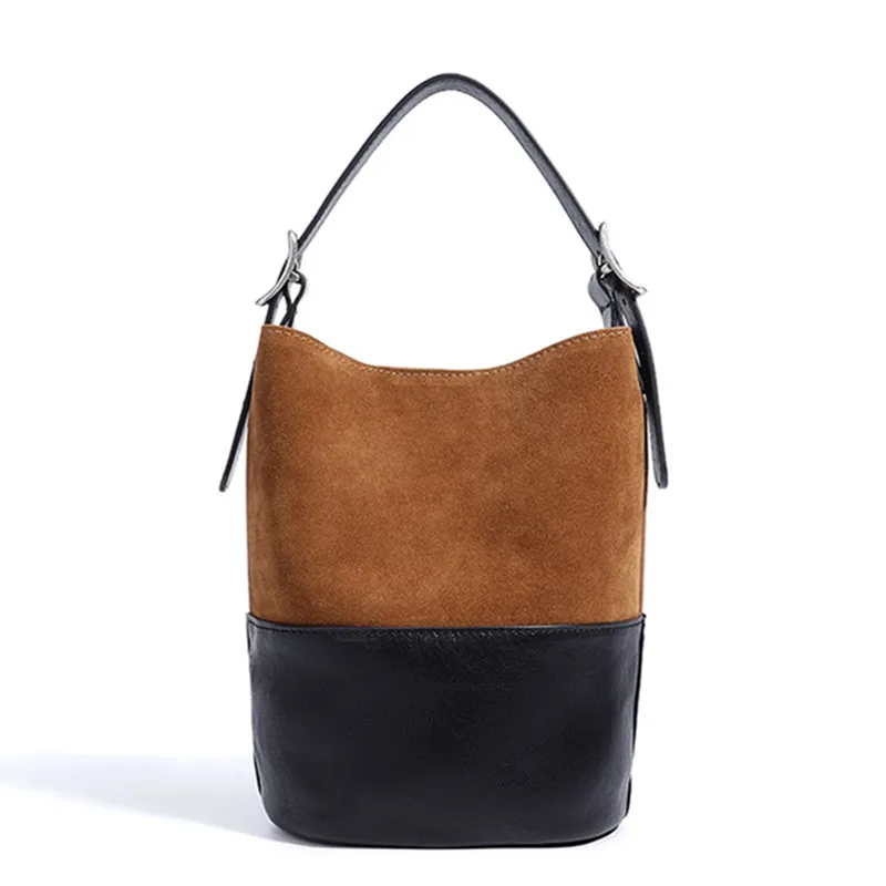

Splicing yellowdish Brown Large Capacity Bucket Tote Genuine Suede Cow Leather Women Shoulder Bag Matte Winter Trend Handbag