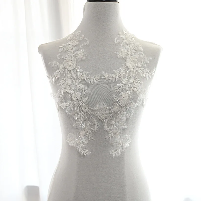 Embroidery Ivory Color Mariage Applique Beaded Lace Patches Sewing on Wedding Veil Decoration Lace 2023