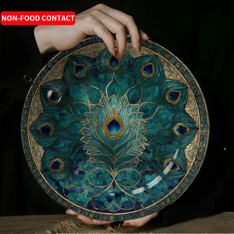 2D Flat, 1pc Large Hand-Painted PeaRooster Feather Ceramic Wall Art Plate with Golden Frame - Turquoise  & Golden Elegant Home