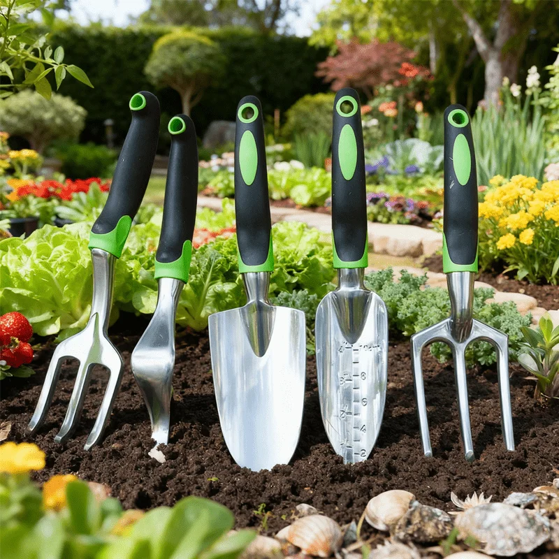 6pc Garden Tool Set: 3-prong & wide shovels, root extractor, 3-tine rake, graduated shovel, pruning shears for planting/trimming