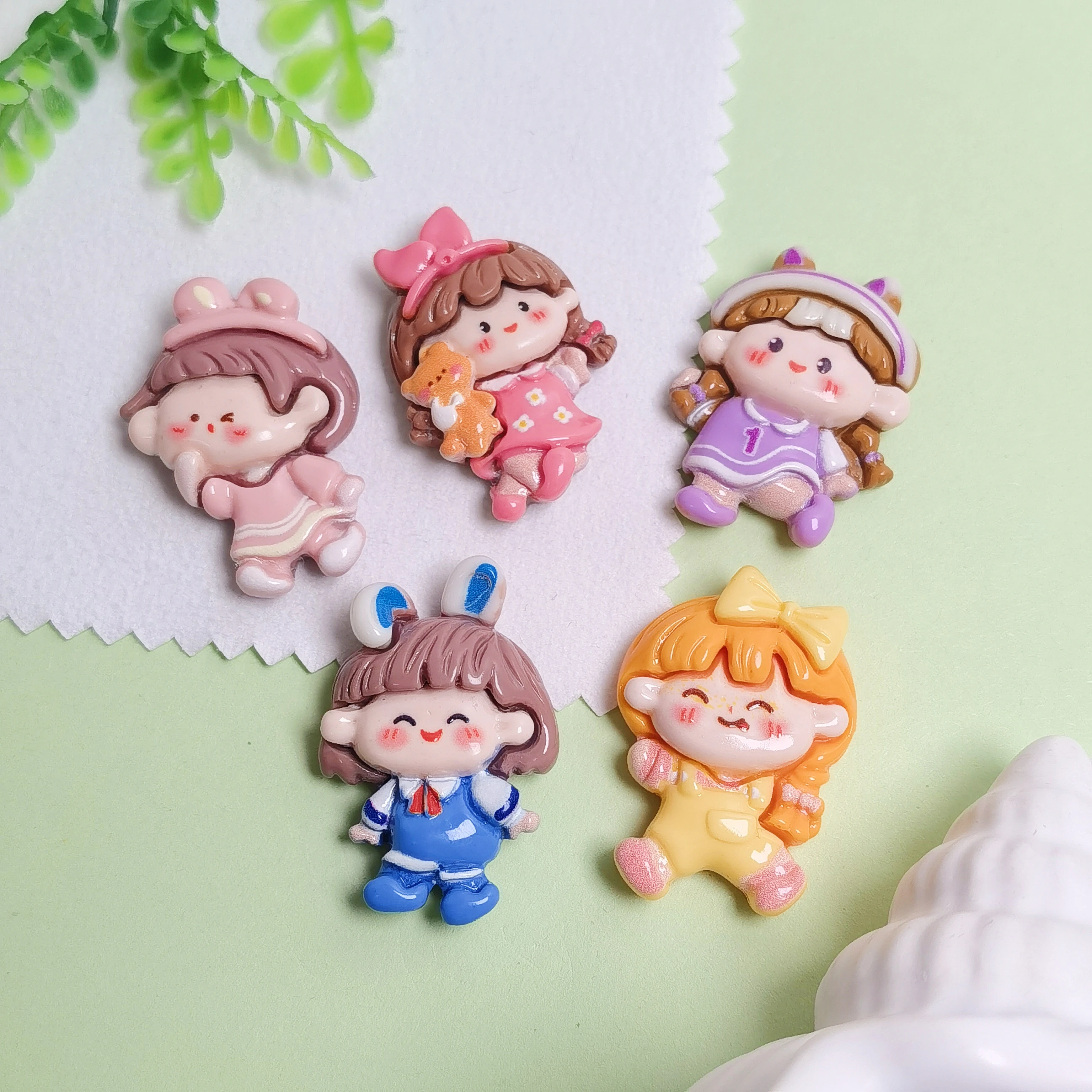 Resin Colorful Kawaii Rabbit Girl Sister Princess Flatback Cartoon Figurines Scrapbook DIY Decor Bow Accessories Crafts