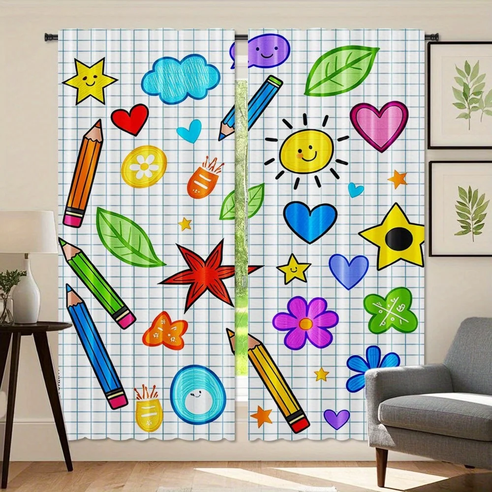 Hand Drawn Color Pencil Flower Blackout Rod Pocket Curtain Grid Base Doodle Decor Kids Homestay Bedroom Rest Bay Window