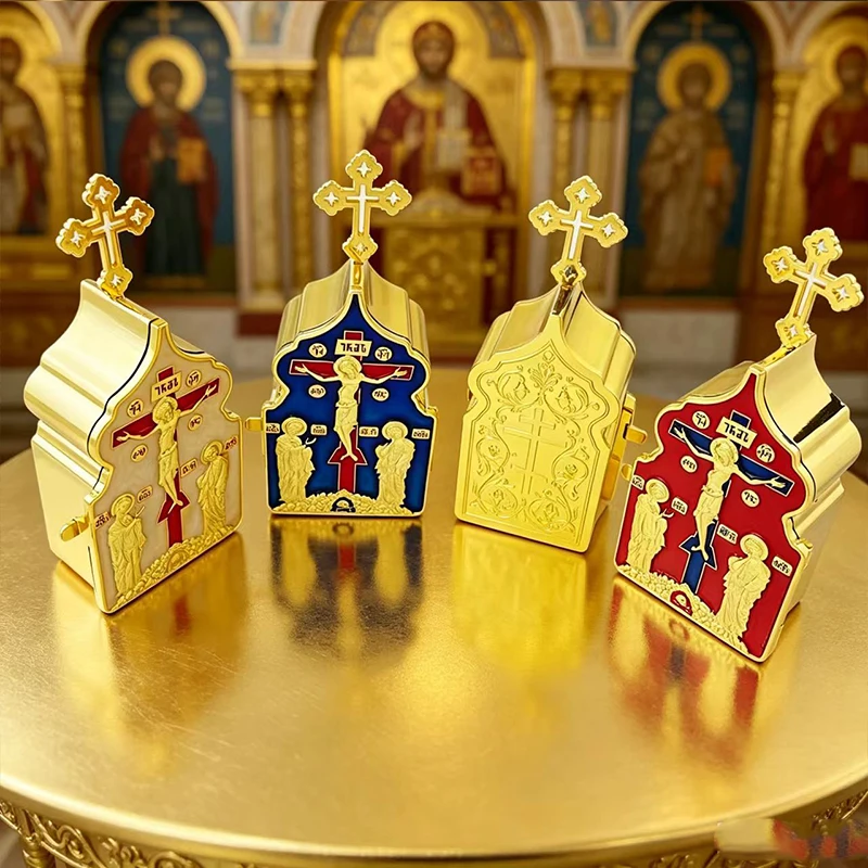 Orthodox Gold Plated Tabernacle Box with Enamel Crucifix Icon for Christian Church Altar Communion Host Storage and Religious Us
